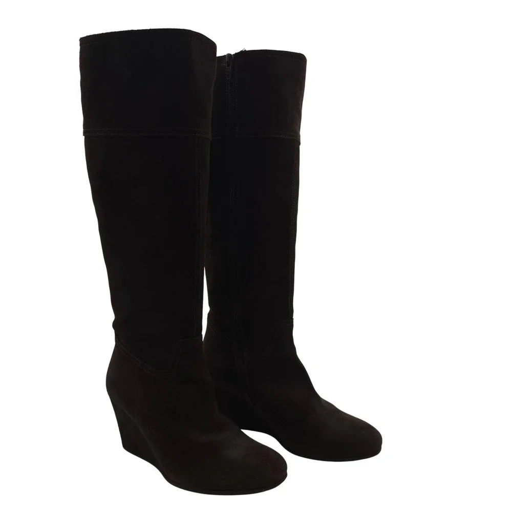Garnet Hill Brown Suede Wedge Knee High Boots 5.5 Made in Italy Zip Leather